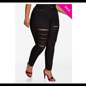 LACE INSET DISTRESSED SKINNY JEAN
